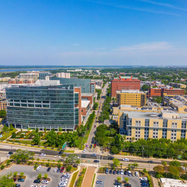 Aerial view of the MUSC medical district in Charleston with hospital buildings.